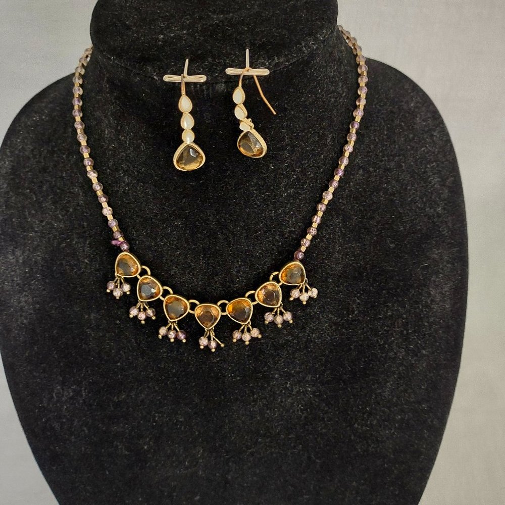 Purple & Amber Monet Necklace & Earring Set in Brushed Gold Finish